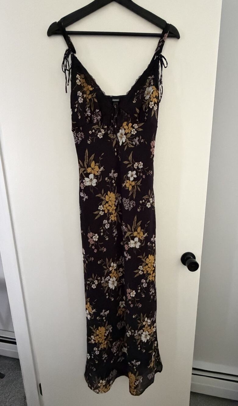 Women’s Black Floral Dress Whimsigoth Spaghetti Strap Fairy Grunge Small Maxi